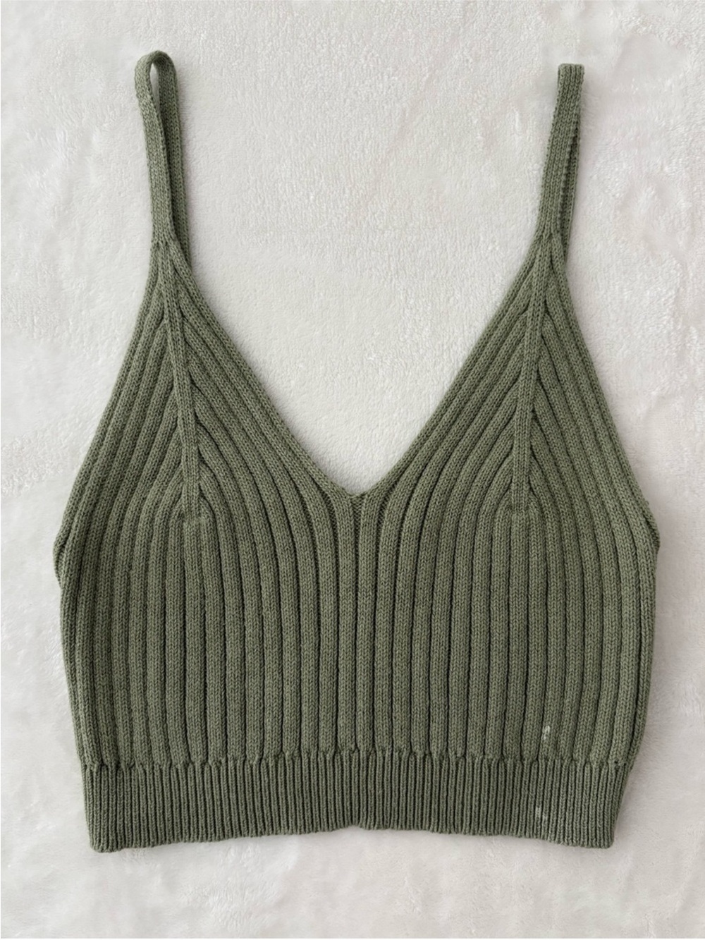 Ribbed V-Neck Knit Crop Tank Top - Olive Green